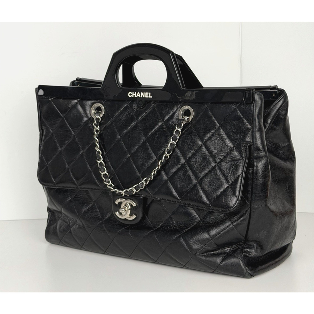 Chanel CC Delivery Tote Bag Large Black Quilted Glazed Leather 2015-2016 B6